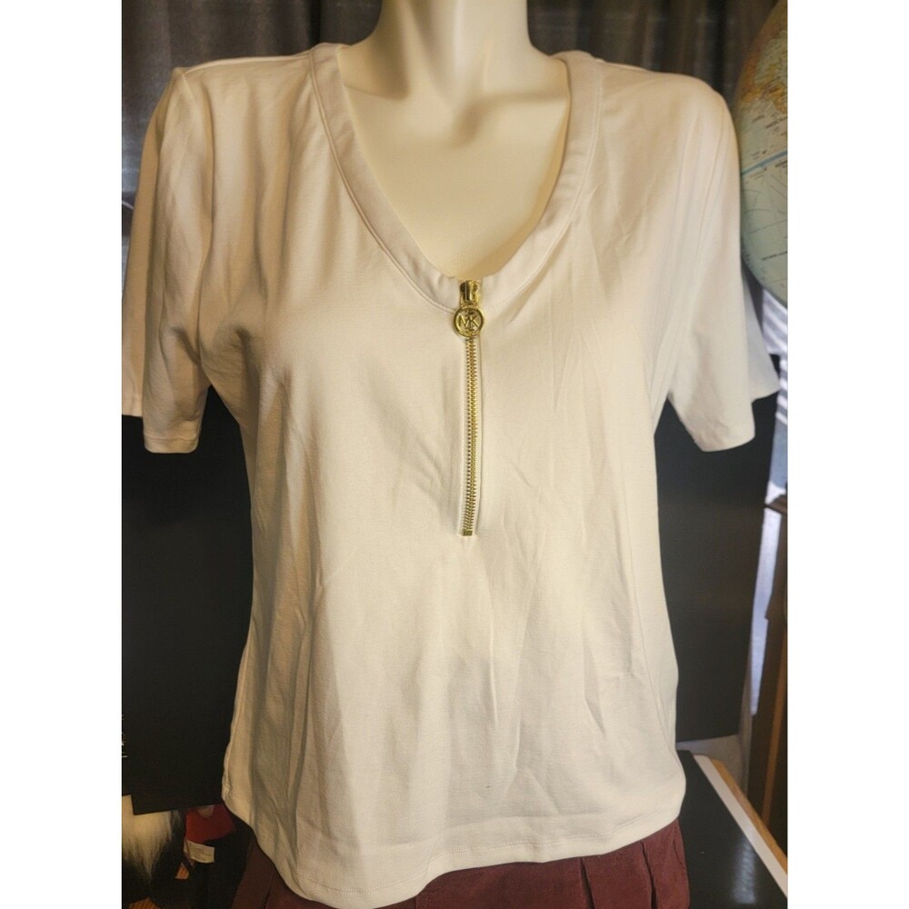 MICHAEL KORS White V-NECK HALF ZIP FRONT SHORT SLEEVE TOP SIZE S NWT $98